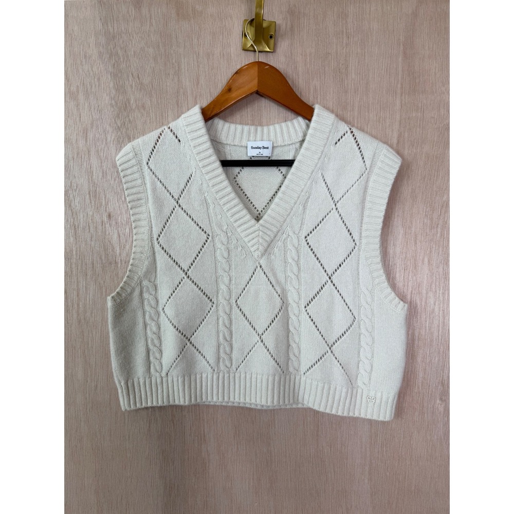 Sunday Best Cream Knit V-Neck Vest Cable Pointelle Diamond Sleeveless Sweater M